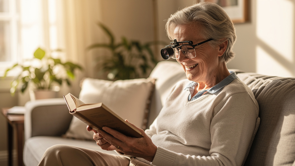 Older adult smiling while wearing bioptic telescope glasses, comfortably reading a hardcover book with both hands in a warm, sunlit living room at home, representing independence and healthy aging with low vision.