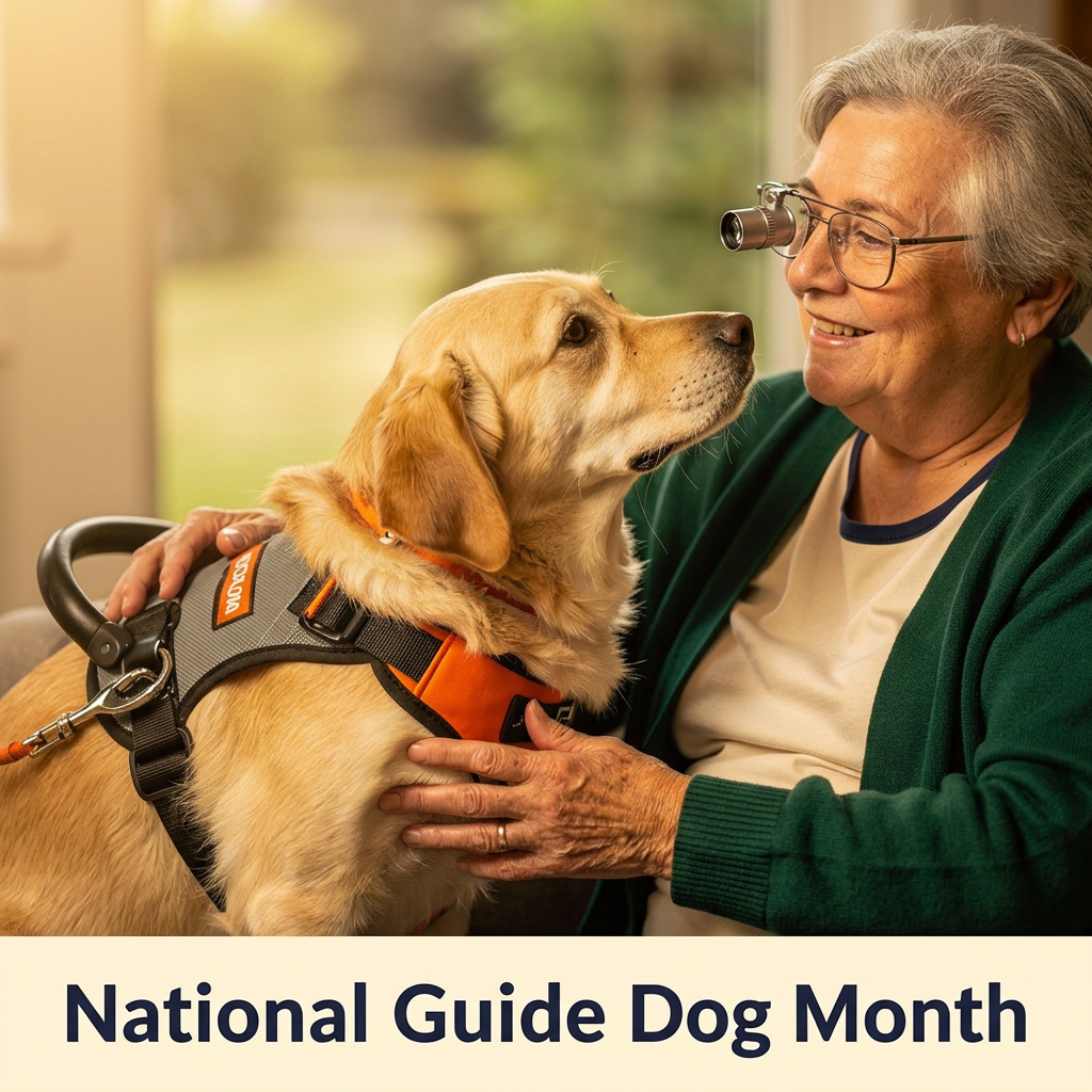 Older adult wearing bioptic telescopic glasses smiling warmly while walking outdoors with their guide dog, representing independence and connection for people with low vision