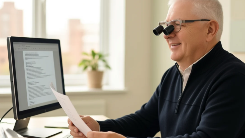 A person wearing low vision prescription glasses works confidently at a desk.