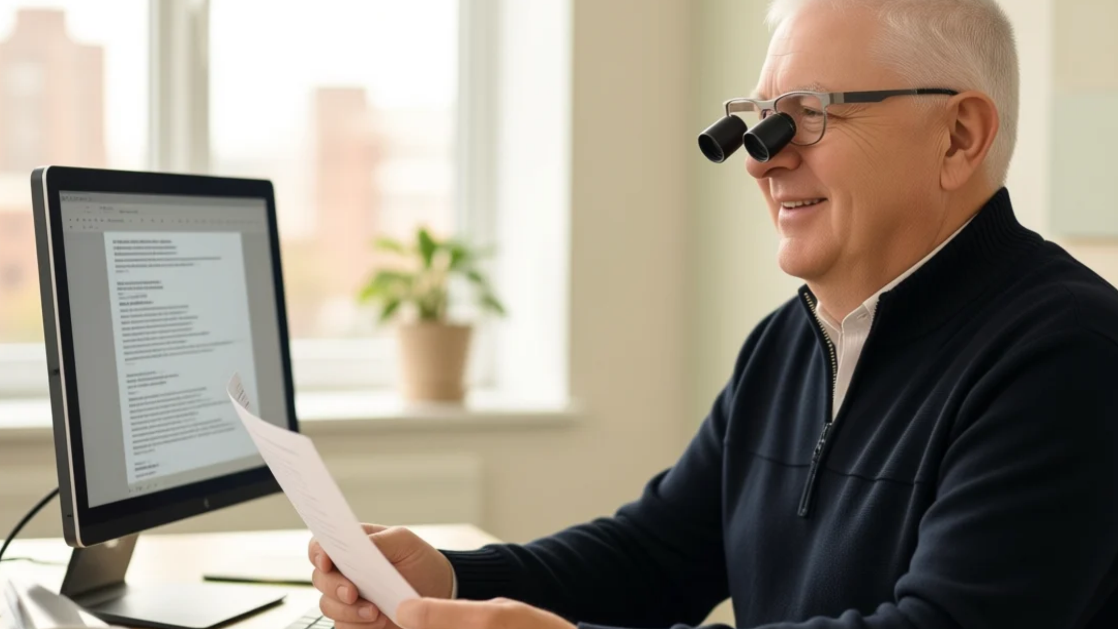 A person wearing low vision prescription glasses works confidently at a desk.