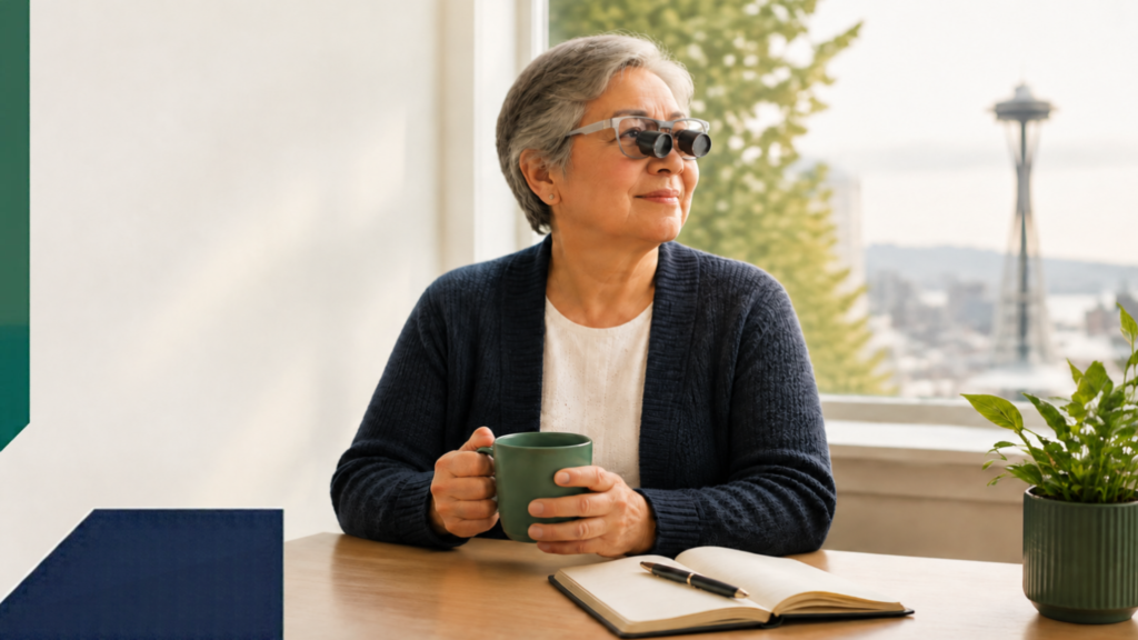 An older woman wearing glasses sits at a table with a cup of coffee.